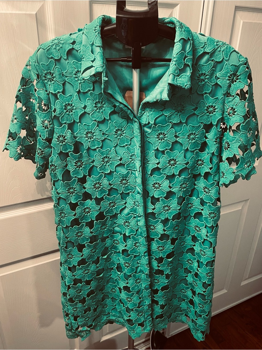 Umgee Green Crochet Lace Button Down Mini Dress / Tunic / Coat